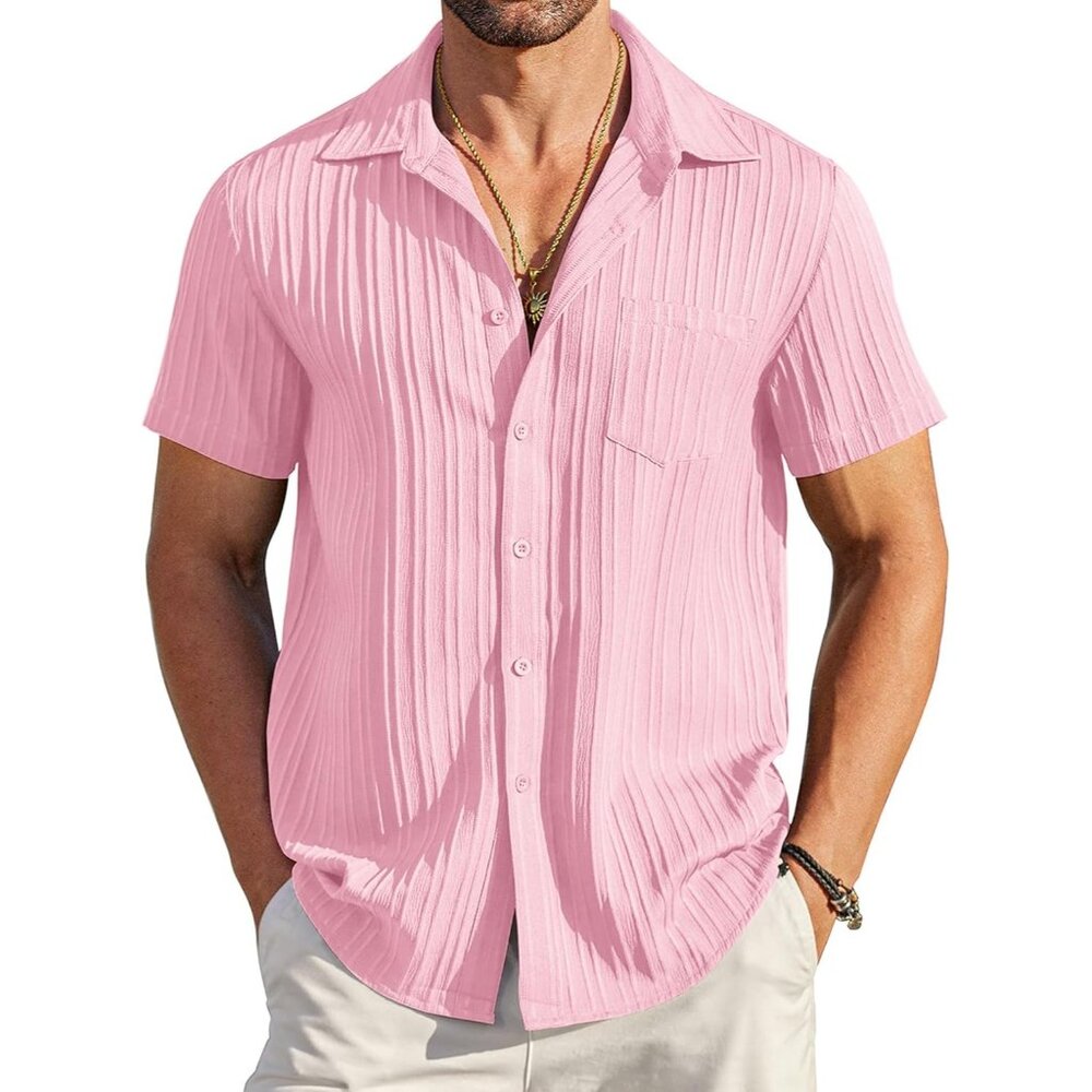 Men's Pink Casual Button Down Shirts Short Sleeve Textured Summer Beach Shirt